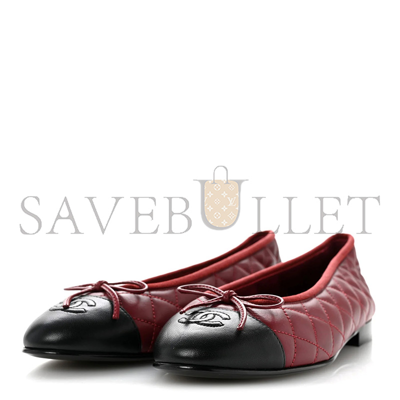 Ch**el LAMBSKIN QUILTED CC CAP TOE BALLERINA FLATS 39 BURGUNDY BLACK
